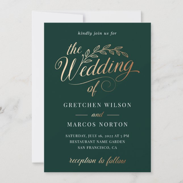 Invitation Emerald Green Gold Elegant Mariage de calligraphie (Devant)