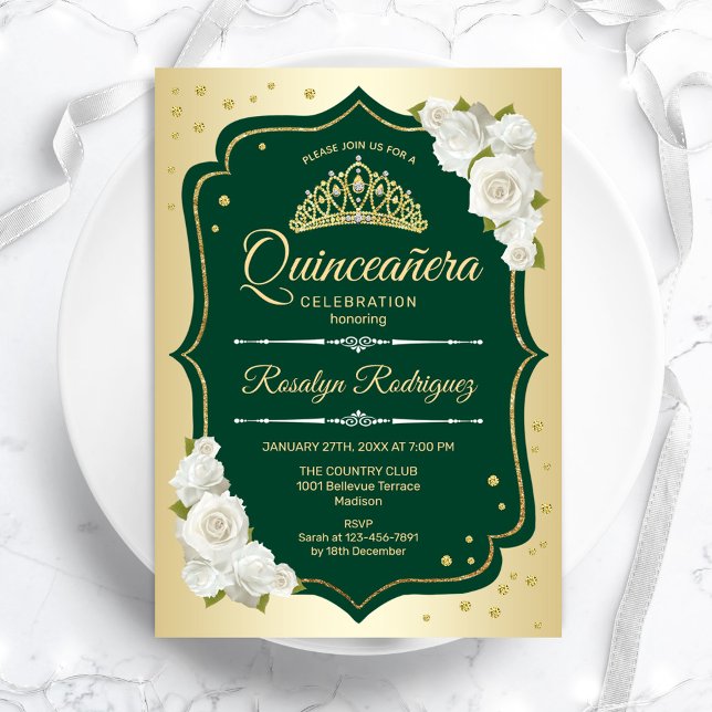 Invitation Emerald Green Gold Elegant Quinceanera (Créateur téléchargé)