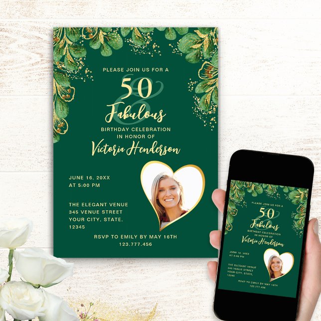 Invitation Emerald Green & Gold Eucalyptus 50e anniversaire (Custom Birthday Invitation with Emerald Green Design)