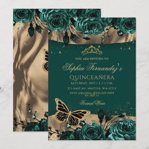 Invitation Emerald Green Gold Floral Butterfly Quinceañera