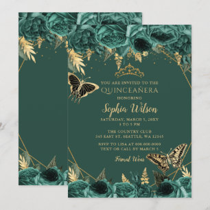 Invitation Emerald Green Gold Floral Butterfly Quinceañera
