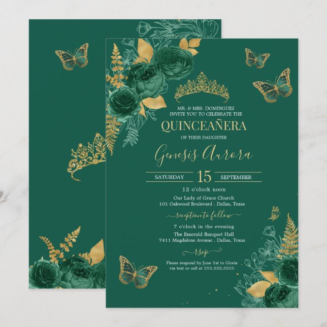 Invitation Emerald Green & Gold Floral Butterfly Quinceañera (Devant / Derrière)