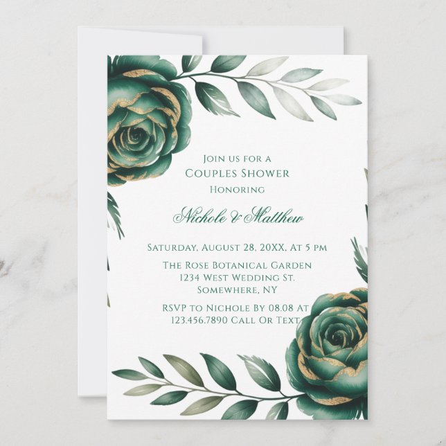 Invitation Emerald Green & Gold Floral Couples Shower (Devant)