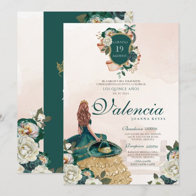 Invitation Emerald Green Gold Floral Crest Charra Quinceanera (Devant / Derrière)