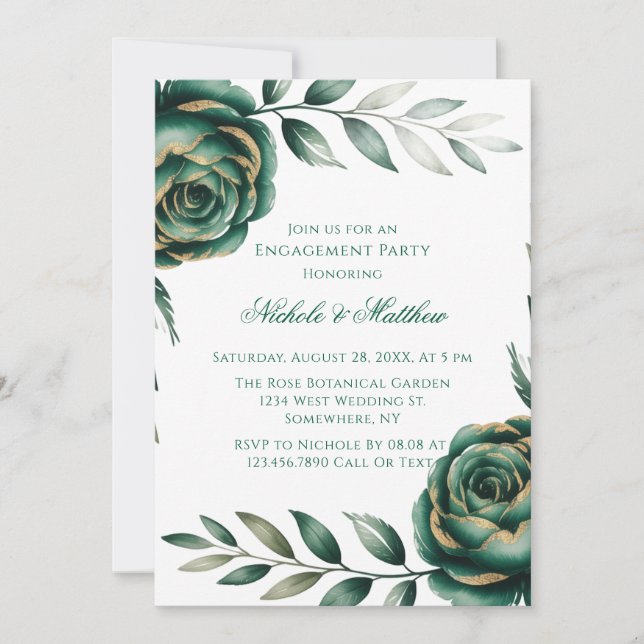 Invitation Emerald Green & Gold Floral Engagement Party (Devant)