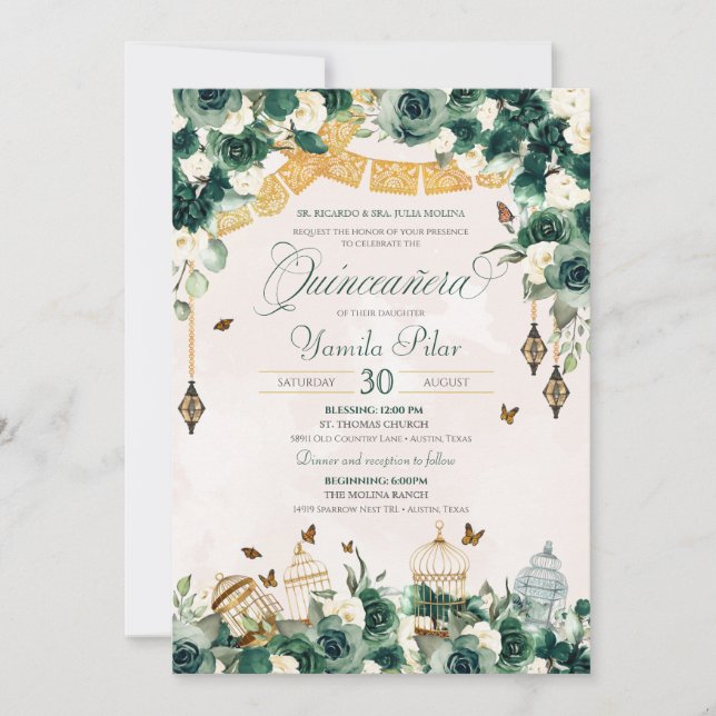 Invitation Emerald Green Gold Floral Papillons Quinceanera (Devant)
