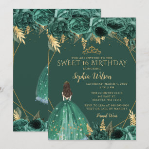 Invitation Emerald Green Gold Floral Princess Sweet 16