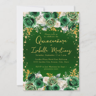 Invitation Emerald Green Gold Floral Quinceañera Sweet 15