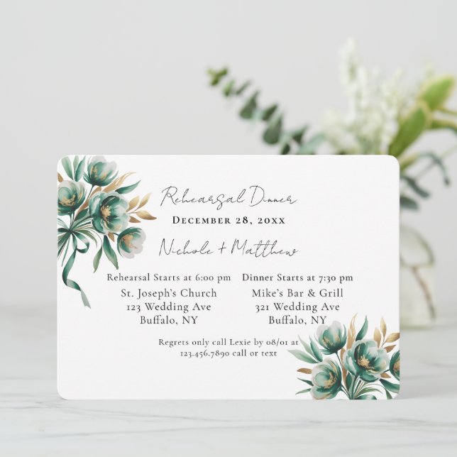Invitation Emerald Green & Gold Floral Rehearsal Dinner (Debout devant)