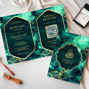 Invitation Emerald Green Gold Gemstone QR Code Mariage musulm