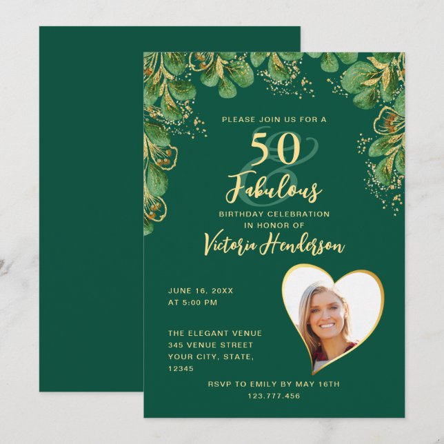 Invitation Emerald Green & Gold Greenery 50 & Fab Anniversair (Devant / Derrière)
