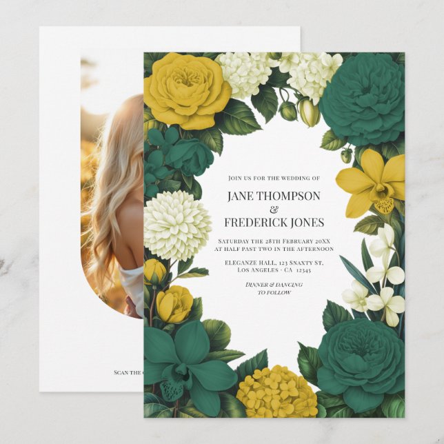 Invitation Emerald Green, Gold & Ivory Floral Wedding (Devant / Derrière)