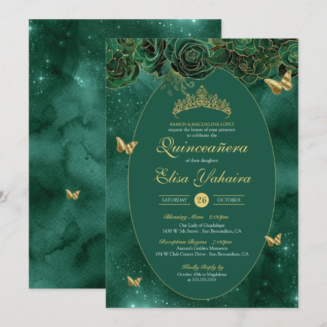 Invitation Emerald Green Gold Luxury Butterfly Quinceanera (Devant / Derrière)