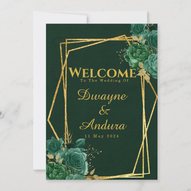Invitation Emerald Green & Gold Mariage floral géométrique (Devant)