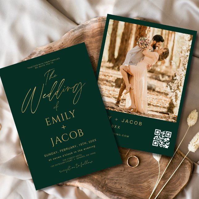 Invitation Emerald Green Gold Mariage QR Code Script photo (Créateur téléchargé)