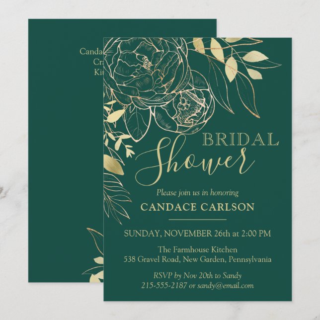 Invitation Emerald Green & Gold Modern Floral Fête des mariée (Devant / Derrière)