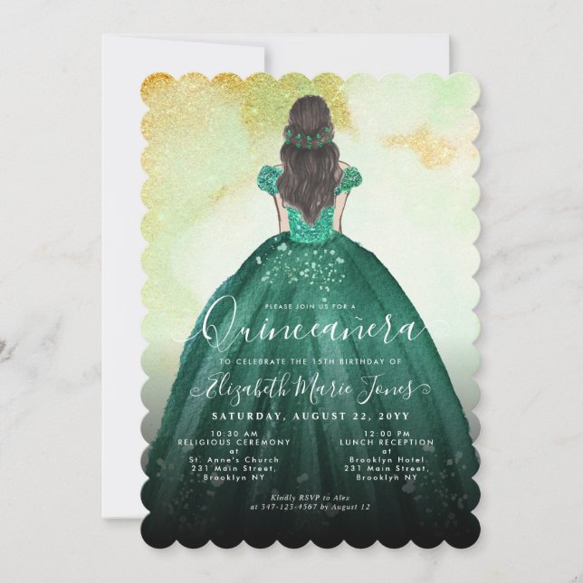 Invitation Emerald Green Gold Parties scintillant Princesse Q (Devant)