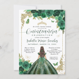 Invitation Emerald Green Gold Princess Floral Quinceañera