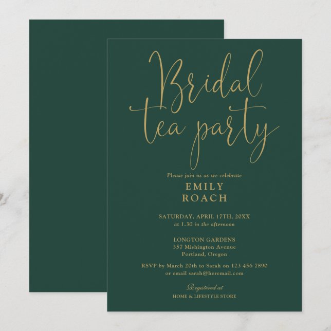 Invitation Emerald Green Gold Script Bridal Tea Party Douche (Devant / Derrière)