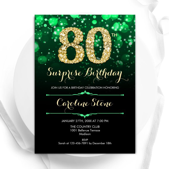 Invitation Emerald Green Gold Surprise 80e anniversaire (Créateur téléchargé)