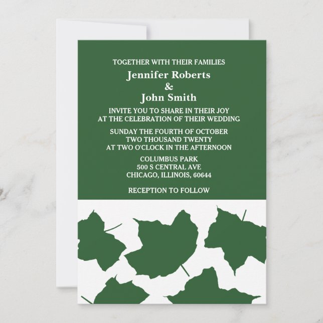 Invitation Emerald Green Leaf White Boho Mariage tendance (Devant)
