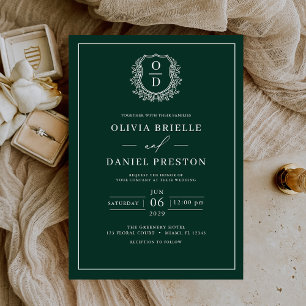 Invitation Emerald Green Leafy Crest Monogramme Mariage éléga