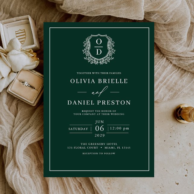 Invitation Emerald Green Leafy Crest Monogramme Mariage éléga (Créateur téléchargé)