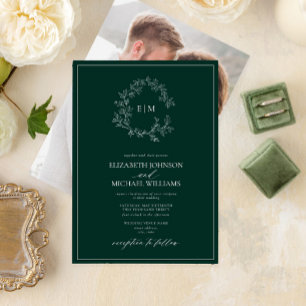 Invitation Emerald Green Leafy Crest Monogramme Mariage photo