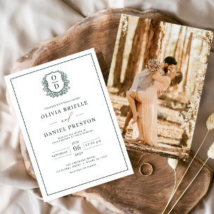 Invitation Emerald Green Leafy Crest Monogramme Mariage photo