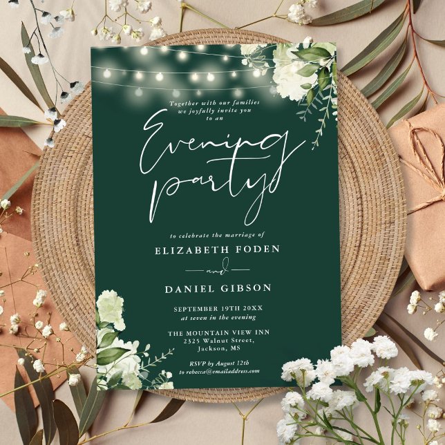 Invitation Emerald Green Lights Soirée Mariage (Emerald Greenery Lights Wedding Evening Party Invitation)