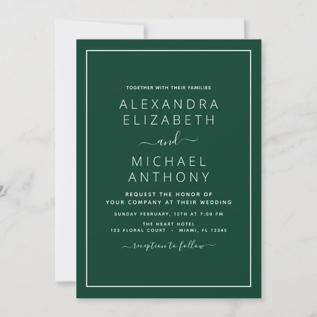 Invitation Emerald Green Mariage Typographie moderne Invitati (Devant)