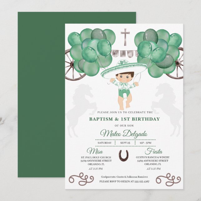 Invitation Emerald Green Mexicain Baby Boy Charro Baptême (Devant / Derrière)