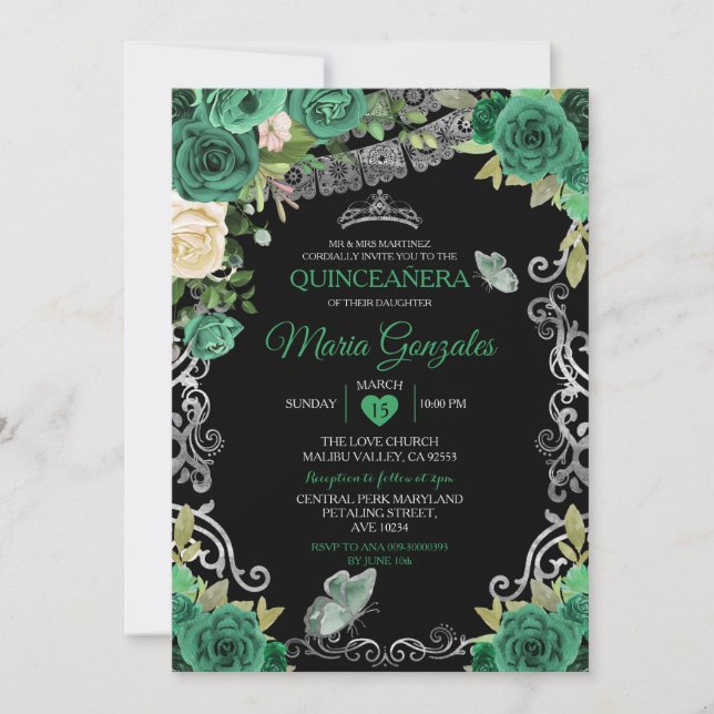 Invitation Emerald Green Mexicaine Charra Mis Quince Butterfl (Devant)
