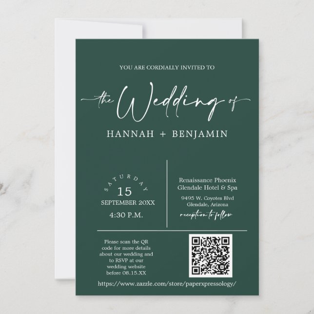 Invitation Emerald Green Minimal Mariage Arch QR Code photo (Devant)