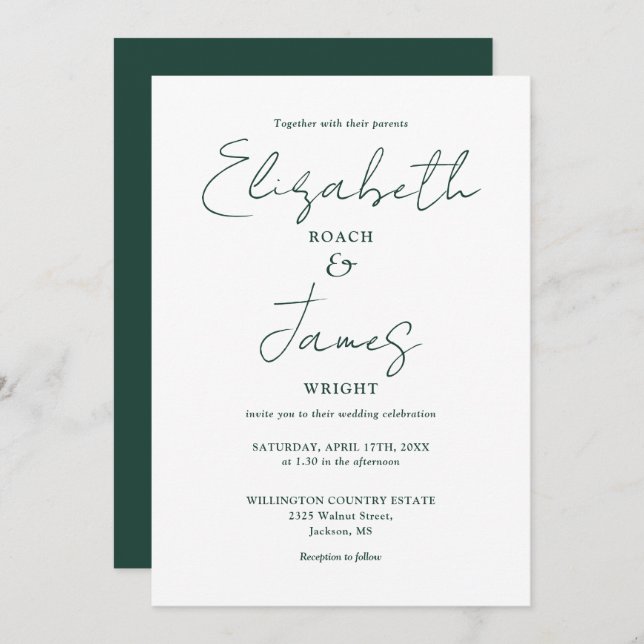 Invitation Emerald Green Minimalist Élégant Mariage de script (Devant / Derrière)