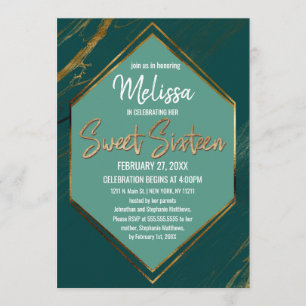 Invitation Emerald Green Mint Or Marbre géométrique Sweet 16