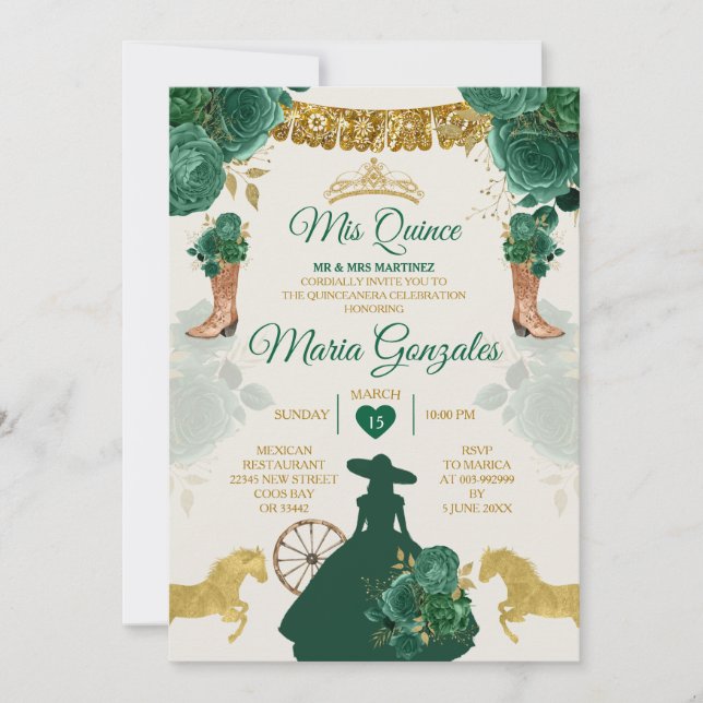 Invitation Emerald Green Mis Quince 15 Anos Gold Crown (Devant)