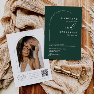 Invitation Emerald Green Modern Minimal Arch Photo QR Code In