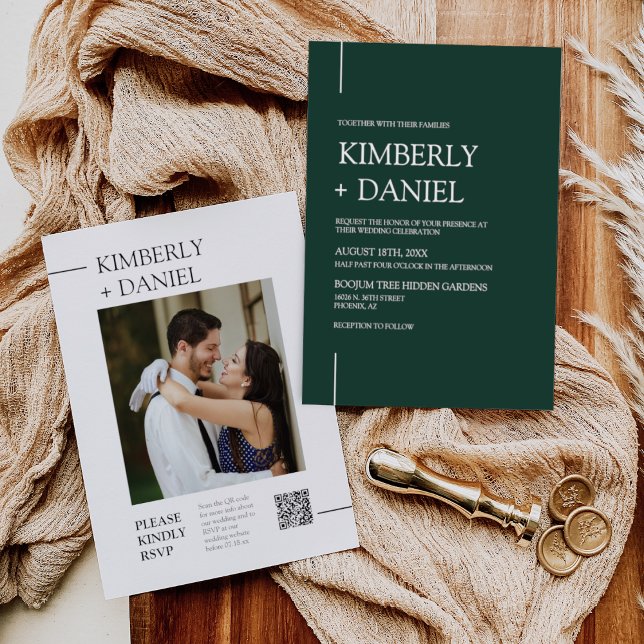 Invitation Emerald Green Modern Minimal Mariage QR Code photo (Créateur téléchargé)