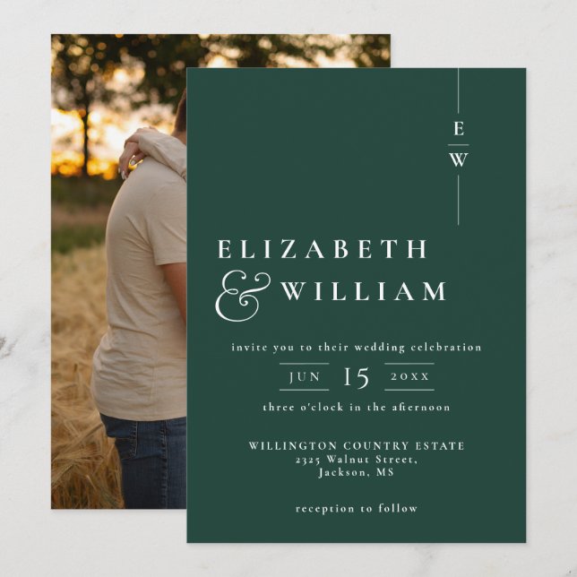 Invitation Emerald Green Moderne Monogramme Mariage photo (Devant / Derrière)