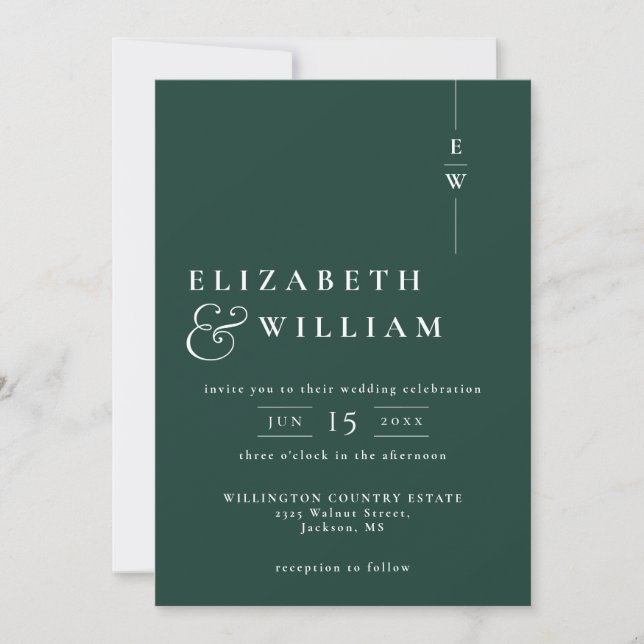 Invitation Emerald Green Modernisme Monogramme Mariage QR Cod (Devant)