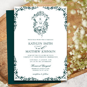 Invitation Emerald Green Monogram Vintage Crest Mariage
