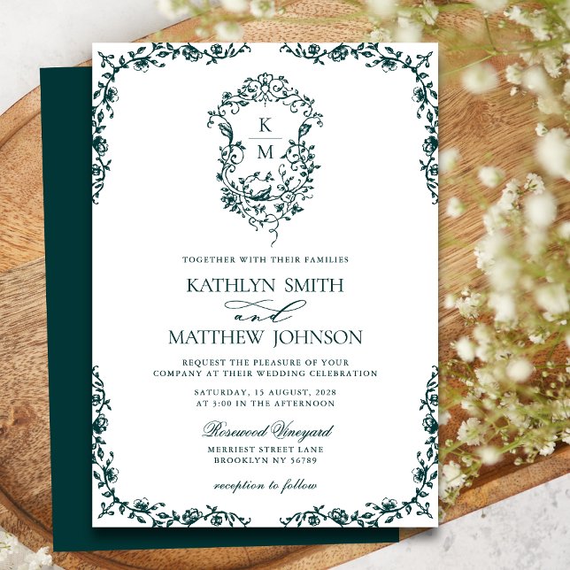 Invitation Emerald Green Monogram Vintage Crest Mariage (Créateur téléchargé)