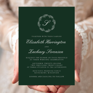 Invitation Emerald Green Monogram Wreath White Script Mariage