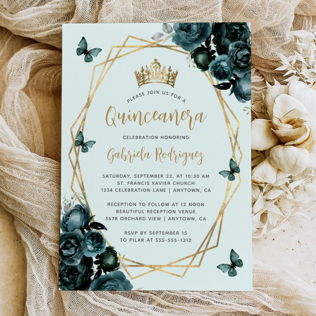 Invitation Emerald Green Or Géométrique Floral Quinceañera (Créateur téléchargé)