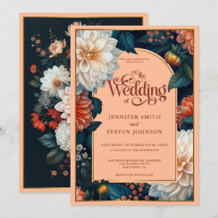 Invitation Emerald Green Pastel Peach Dahlia Mariage d'automn