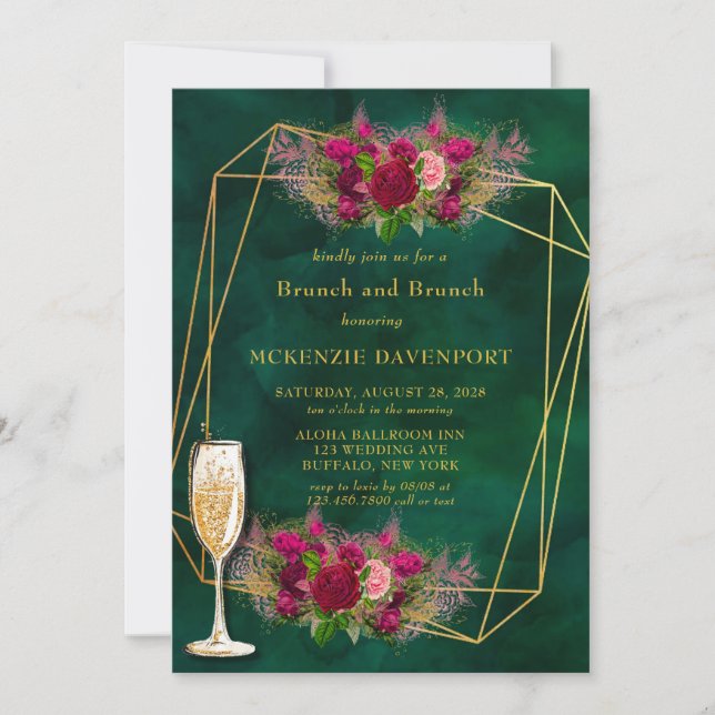 Invitation Emerald Green Peony Rose Brunch et Bubbly (Devant)