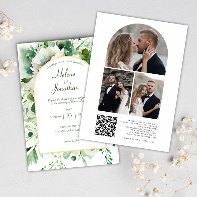 Invitation Emerald Green Photo QR Code Floral Mariage (Emerald Green Photo QR Code Floral Wedding Invitation)