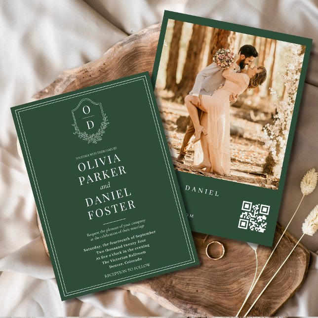 Invitation Emerald Green QR Code Elegant Crest Photo Mariage (Créateur téléchargé)