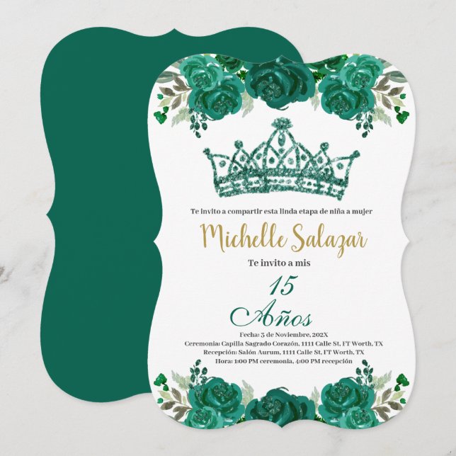Invitation Emerald Green Quinceanera (Devant / Derrière)